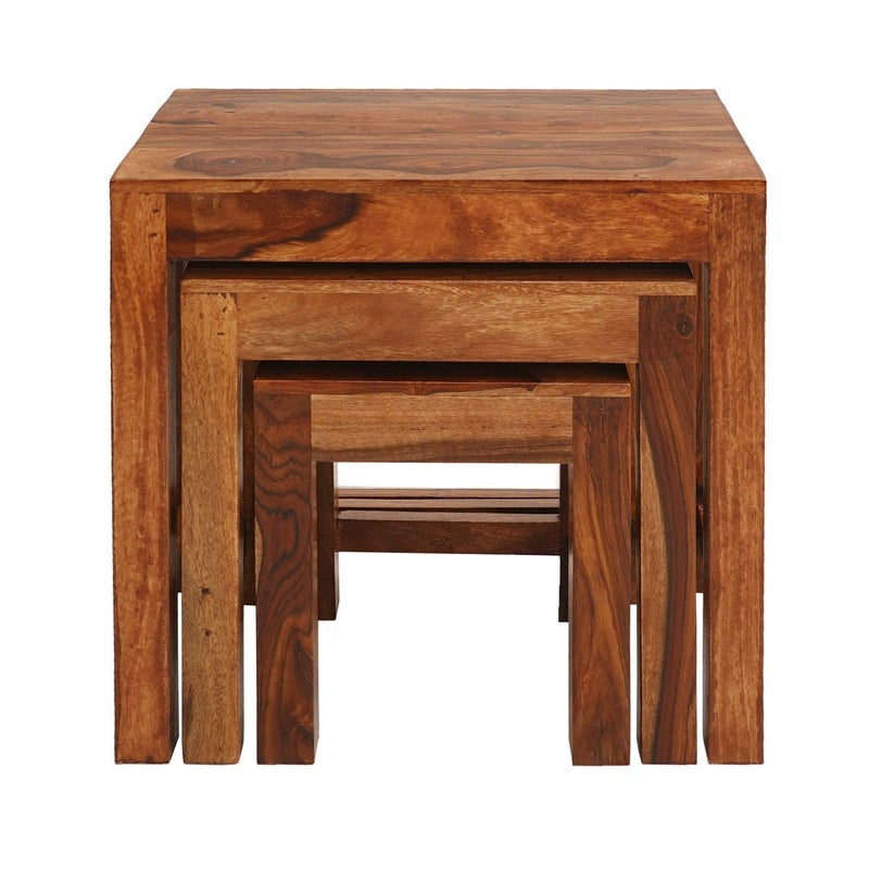 ANUBHAV HANDICRAFTS ANUBHAV HANDICRAFTS Sheesham Wood Nesting Table Set of 3 Stools Nested Sofa Side Table Living Room Hall Wooden Nightstand Lamp Table Natural Brown Finish  - Image 5
