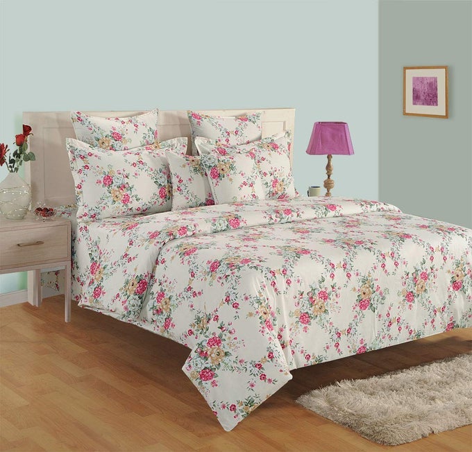250 TC FLORAL PRINT COTTON SATIN EXTRA LARGE BED SHEET WITH 2 PILLOW COVER OFF WHITE PINK