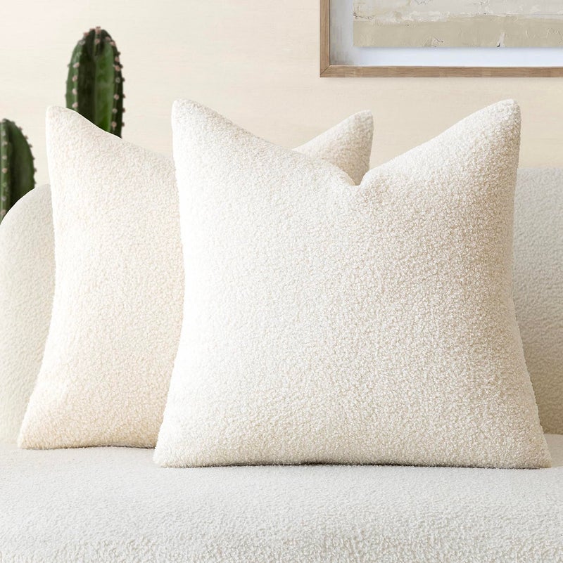 Foindtower Foindtower Pack of 2  Curly Faux Fur Decorative Throw Pillow Covers Soft Neutral Plush Cushion Case with Zipper Cozy Pillowcase for Home Living Room Couch Bed Sofa 16 x 16 Inch  Cream White  - Image 1