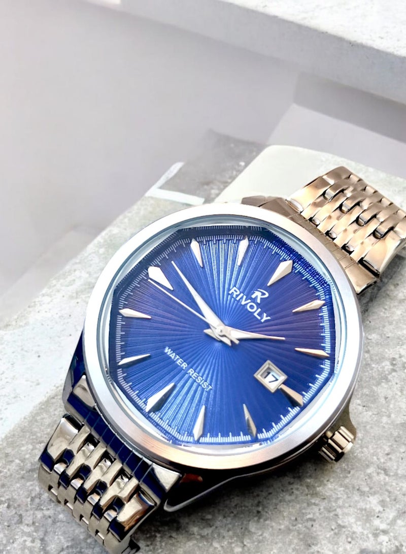 ريفولي ساعة يد للرجال من الستانلس ستيل بعرض انالوج وحركة كوارتز وعرض التاريخ، سهلة القراءة بتصميم عصري مقاوم للماء، ساعة يد كلاسيكية فاخرة بواجهة كبيرة - Image 1