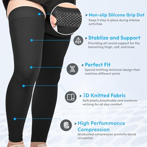KEKING Full Leg Compression Sleeves, Unisex, Thigh High Compression Stocking 20-30mmHg Graduated Support for Thigh Calf Knee, Running, Basketball, Reduce Varicose Veins and Swelling, All Black XL - Image 3