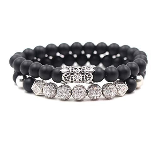 SEVENSTONE 2PCS Black Matte Onyx Prayer Beads Bracelet for Men Women Elastic Natural Stone Silver 8MM - Image 1
