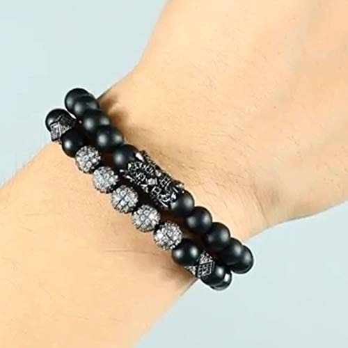 SEVENSTONE 2PCS Black Matte Onyx Prayer Beads Bracelet for Men Women Elastic Natural Stone Silver 8MM - Image 3