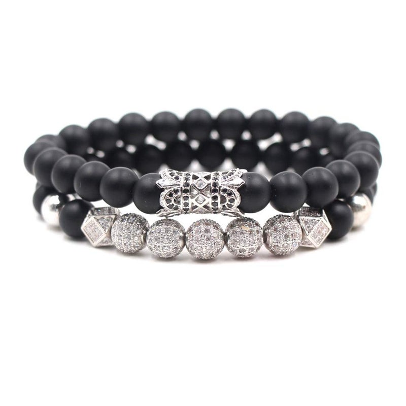 SEVENSTONE 2PCS Black Matte Onyx Prayer Beads Bracelet for Men Women Elastic Natural Stone Silver 8MM - Image 2