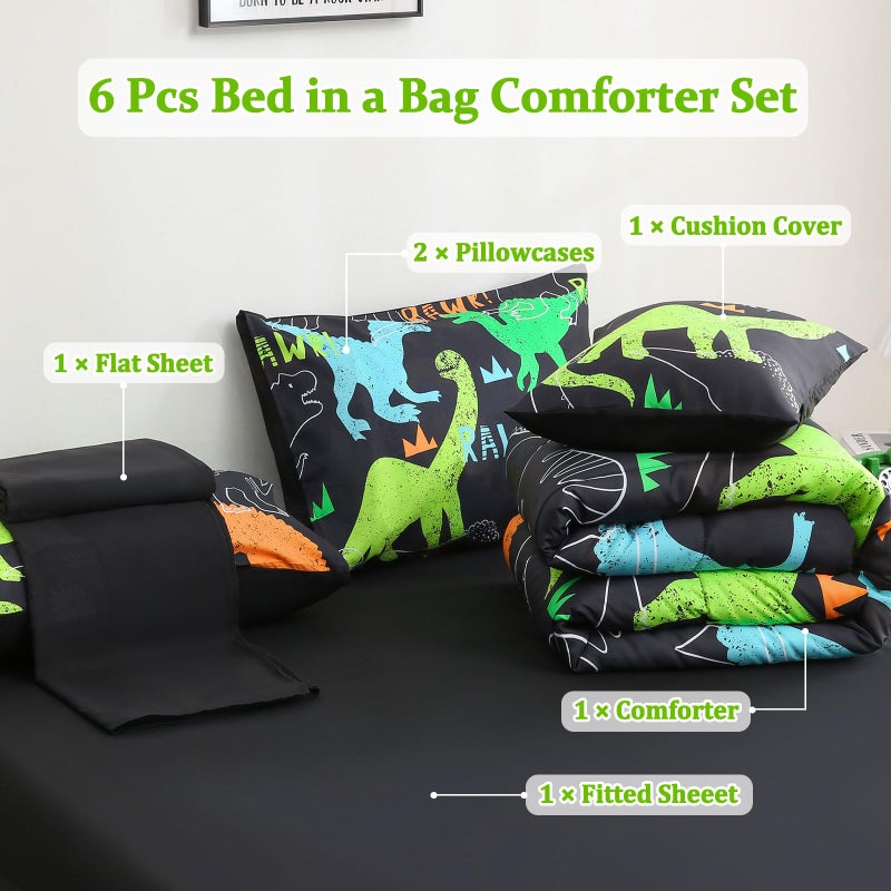 Tasselily 6 Pcs Bed in A Bag Full Comforter Set for Boys Girls, Dinosaur Comforter, Dinosaur Bedding Sets with Sheets for Kids - Image 2