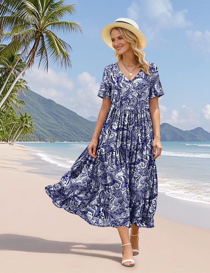 YESNO Women's Summer Maxi Dresses Casual Floral Short Sleeve V Neck Boho Beach Vacation Swing Dress with Pockets L EVF CR148 - Image 5