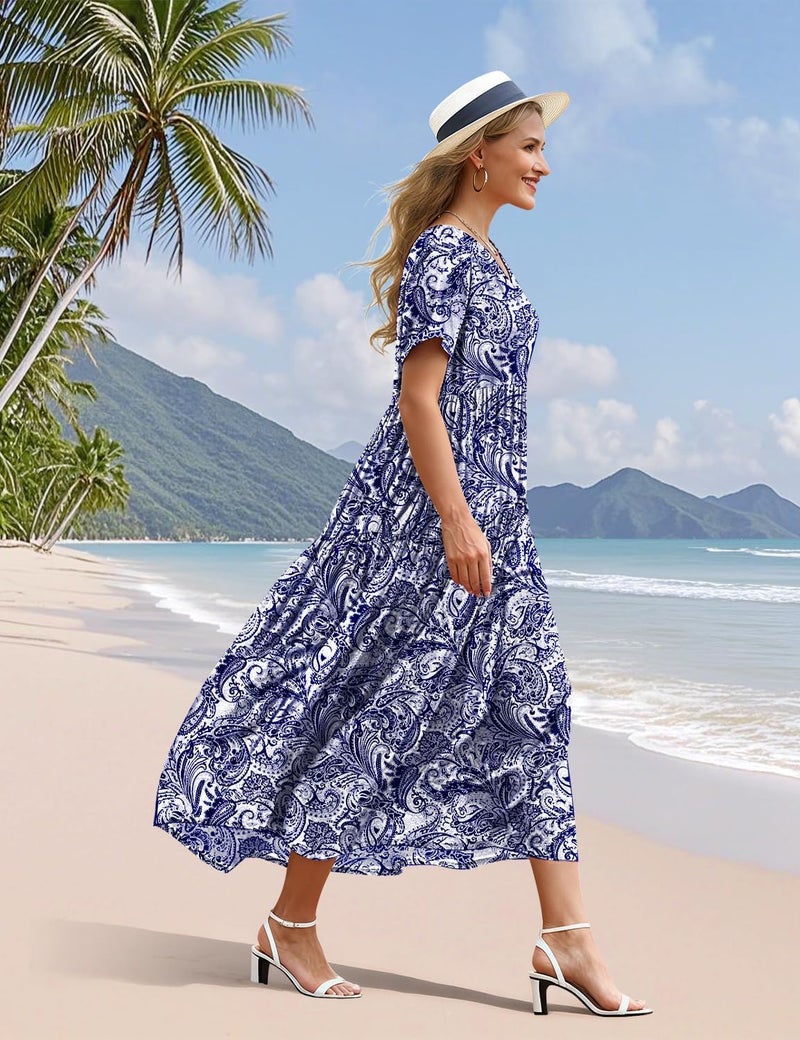YESNO Women's Summer Maxi Dresses Casual Floral Short Sleeve V Neck Boho Beach Vacation Swing Dress with Pockets L EVF CR148 - Image 3