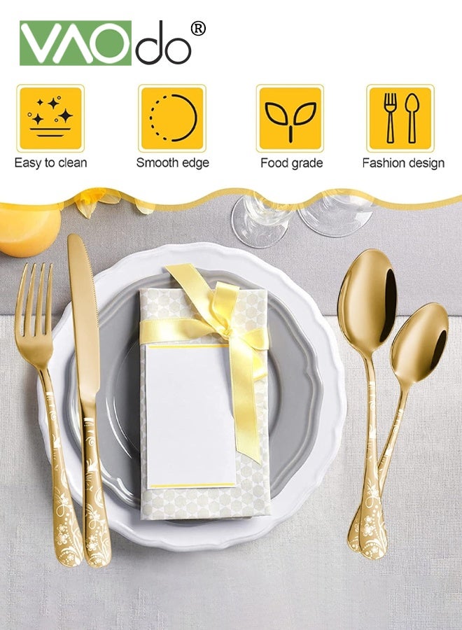 VAOdo 20PCS Stainless Steel Cutlery Set, Butterfly Silverware Set Service for 4, Flatware Personal Set with Steak Knives, Dishwasher Safe Mirror Polished Tableware Cutlery Set Gold - Image 2