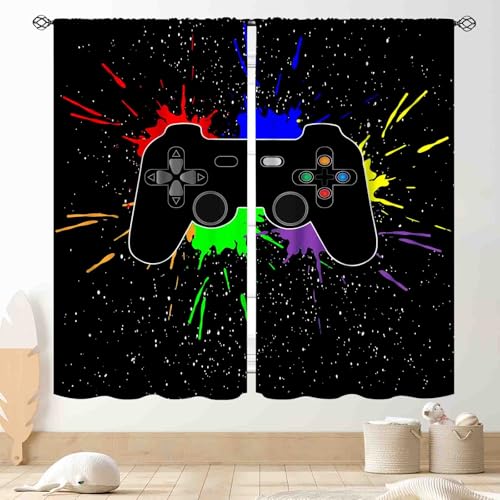TKUYO Gamer Curtains for Boys Room, Kids Teens Men Gaming Colorful Gamepad Controller Cooling Graffiti Video Game Room Decor Window Drapes Treatments for Living Room Nursery Playroom, 42"x45" Inch - Image 1
