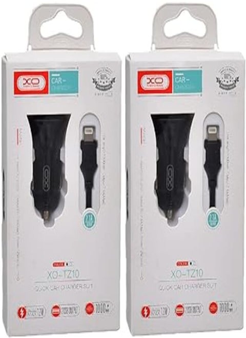 Xo tz10 car charger suit and lightning cable with 2.1a max 12w output and 2 usb output 1000mm set of 2 pieces - black