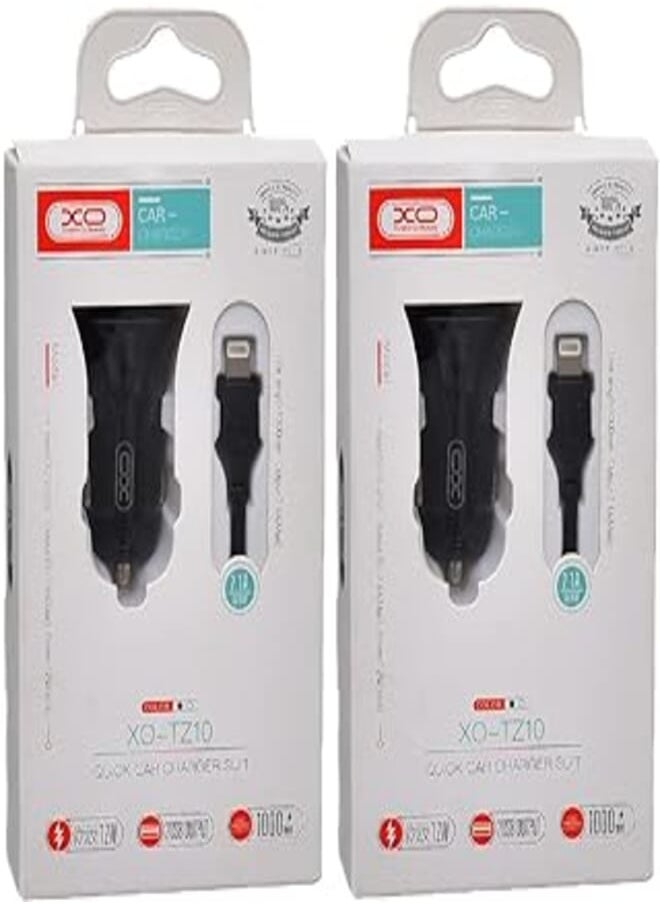 XO - Xo tz10 car charger suit and lightning cable with 2.1a max 12w output and 2 usb output 1000mm set of 2 pieces - black - Image 1
