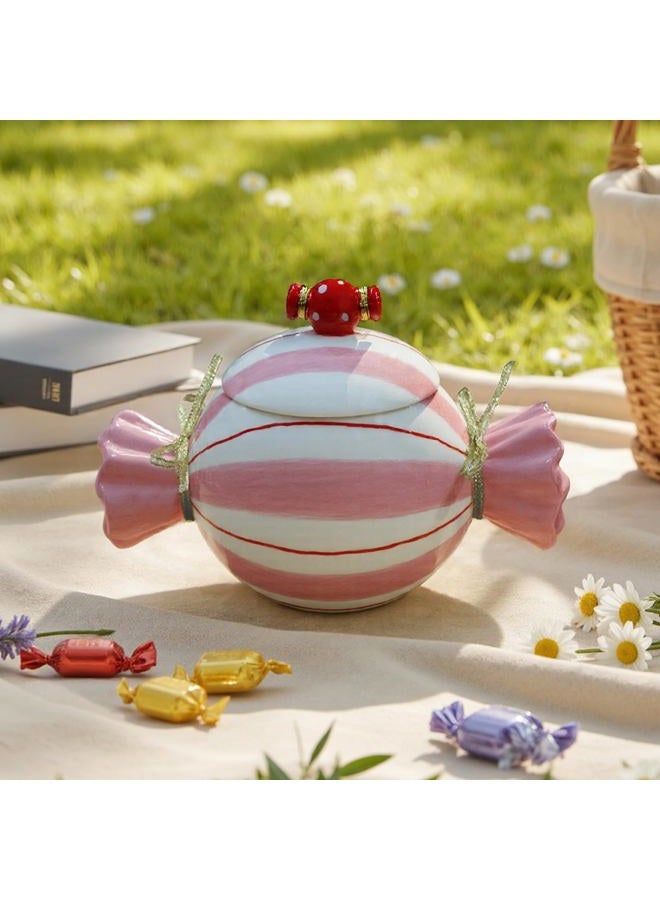 DIF DECO Cute Storage Jars with Lid, Unique Candy Shape Ceramic Food Container, Cookie Canister for Snacks, Coffee Bean, Sugar, Tea, Spices, Beans, Cereal, Nuts - 500 ml / 16.9 oz (Pink Stripes) - Image 1