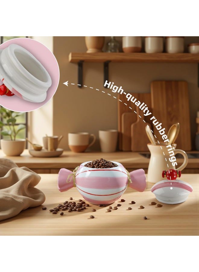 DIF DECO Cute Storage Jars with Lid, Unique Candy Shape Ceramic Food Container, Cookie Canister for Snacks, Coffee Bean, Sugar, Tea, Spices, Beans, Cereal, Nuts - 500 ml / 16.9 oz (Pink Stripes) - Image 3