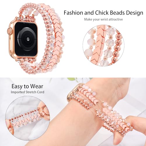 MOFREE Beaded Bracelet Compatible with Apple Watch Band 38mm/40mm/41mm/42mm, Fashion Elastic Stretch Women Bands for iWatch Series 11/10/9/8/7/SE/6/5/4/3/2/1 iPhone Watch Strap Bands Pink - Image 3