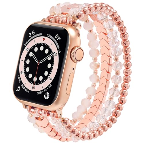 MOFREE Beaded Bracelet Compatible with Apple Watch Band 38mm/40mm/41mm/42mm, Fashion Elastic Stretch Women Bands for iWatch Series 11/10/9/8/7/SE/6/5/4/3/2/1 iPhone Watch Strap Bands Pink - Image 1