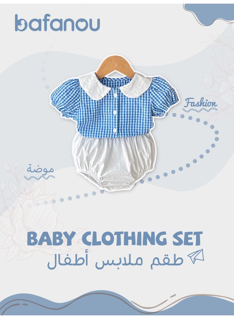Bafanou Bafanou Summer Newborn Baby Cotton Clothes Set Casual Clothing Checkered Top Girls Solid Color Shorts  - Image 1