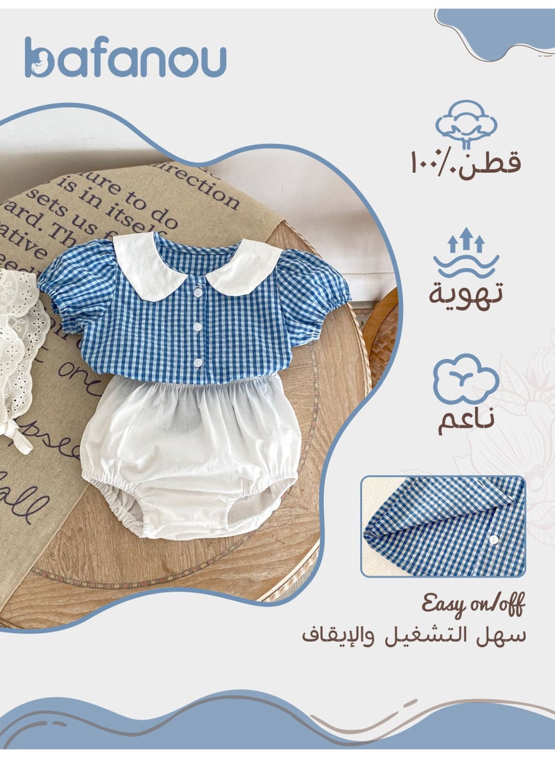 Bafanou Bafanou Summer Newborn Baby Cotton Clothes Set Casual Clothing Checkered Top Girls Solid Color Shorts  - Image 2