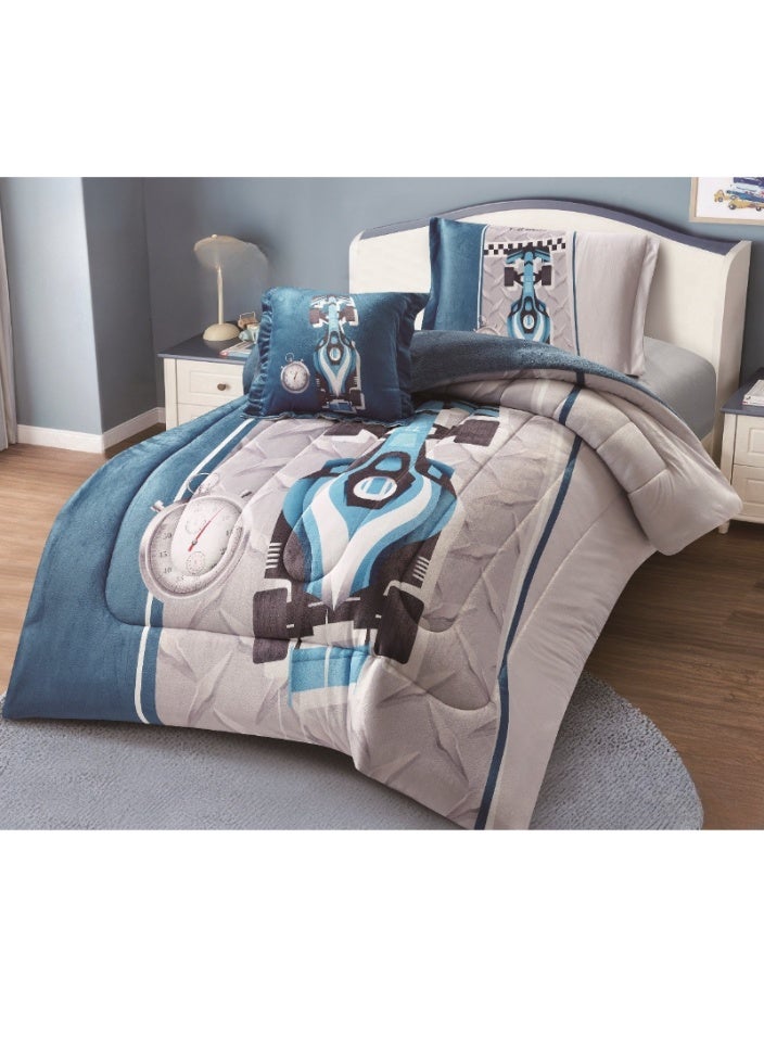 SMART HOME Luxury Double-Sided Winter Baby Bedspread (Soft Velvet Side + Warm Fur Side) - Racing Car Bedding Set - Complete Bedspread Set with Beautiful Patterns - 4-Piece Sleeping Set (Bedspread + Mattress Protector + Pillowcase + Square Pillow Cover) Bedspread Size 170x230 cm - Image 1