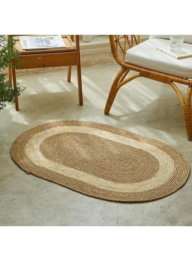 LINGWEI Jute Rug Carpet Oval Jute Rug with White Line Design Floor Mat Carpet Jute Door Mat Area Rug Carpet - Image 1