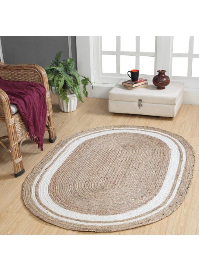 LINGWEI Jute Rug Carpet Oval Jute Rug with White Line Design Floor Mat Carpet Jute Door Mat Area Rug Carpet - Image 5