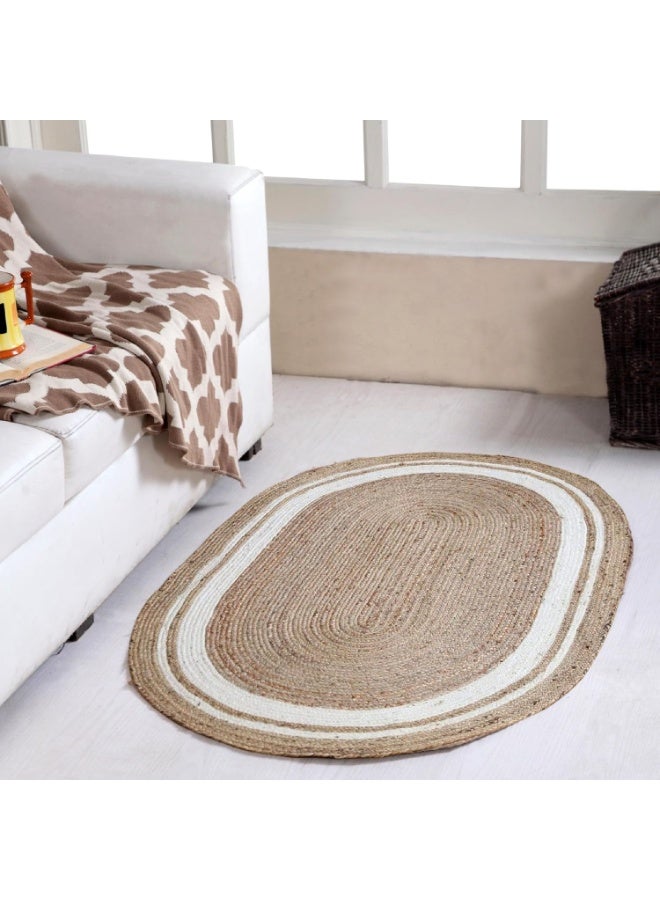 LINGWEI Jute Rug Carpet Oval Jute Rug with White Line Design Floor Mat Carpet Jute Door Mat Area Rug Carpet - Image 4