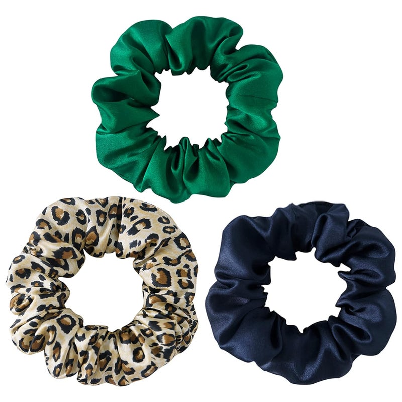 Silk Scrunchies For Hair 3 Pack 100 Mulberry Silk Hair Ties 19 Momme Natural Silk Elastic Hair Bands For Women And GirlsHair Designed to Be Soft And Less Pulling Emerald LeopardNavy Blue