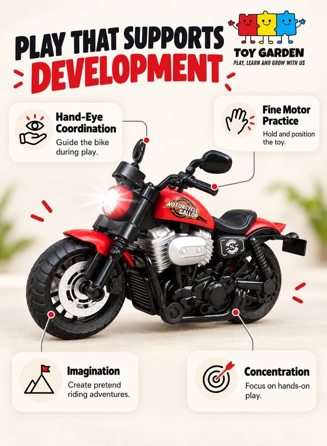 TOY GARDEN Motorbike Toy for Kids with Realistic Design, Light and Sound Effects, Durable Mini Motorcycle Model Bike Toy for Boys and Girls, Push-and-Go Action Vehicle Toy for Indoor & Outdoor Play, Fun Birthday Gift for Children, Red Colour - Image 3