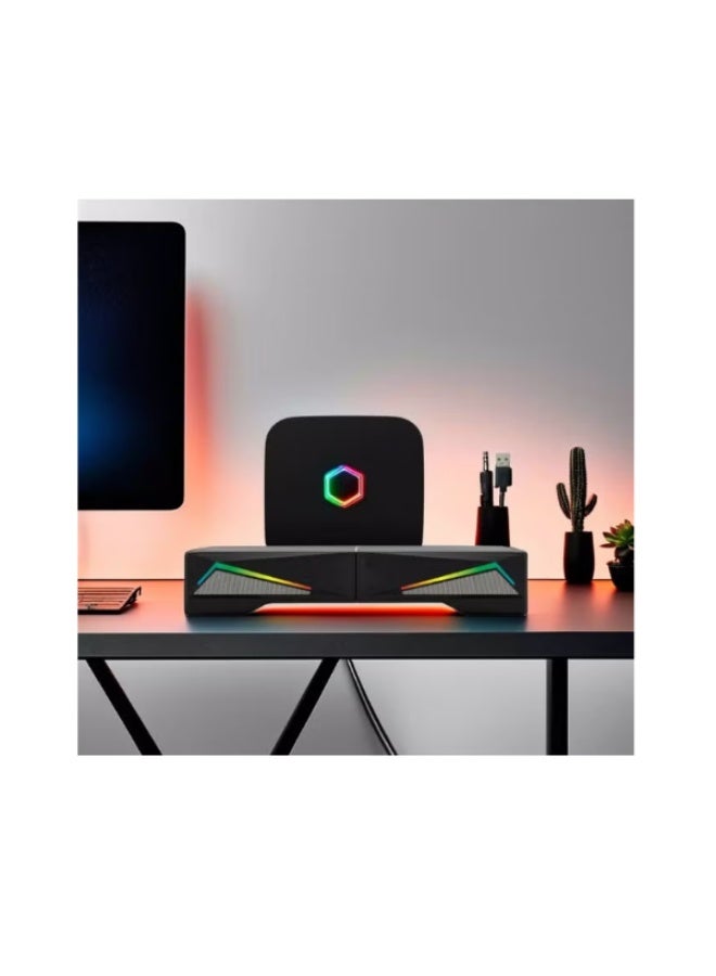 بوينت مكبر صوت PT510 للألعاب على سطح المكتب - 6 وات (2 * 3 وات) 2.0 قناة ستيريو - مضيء بألوان قوس قزح - مزود بمنفذ USB سلكي + صوت 3.5 مم - إعداد متعدد التصميمات - لأجهزة الكمبيوتر الشخصية والكمبيوتر المحمول والمسرح المنزلي - Image 2