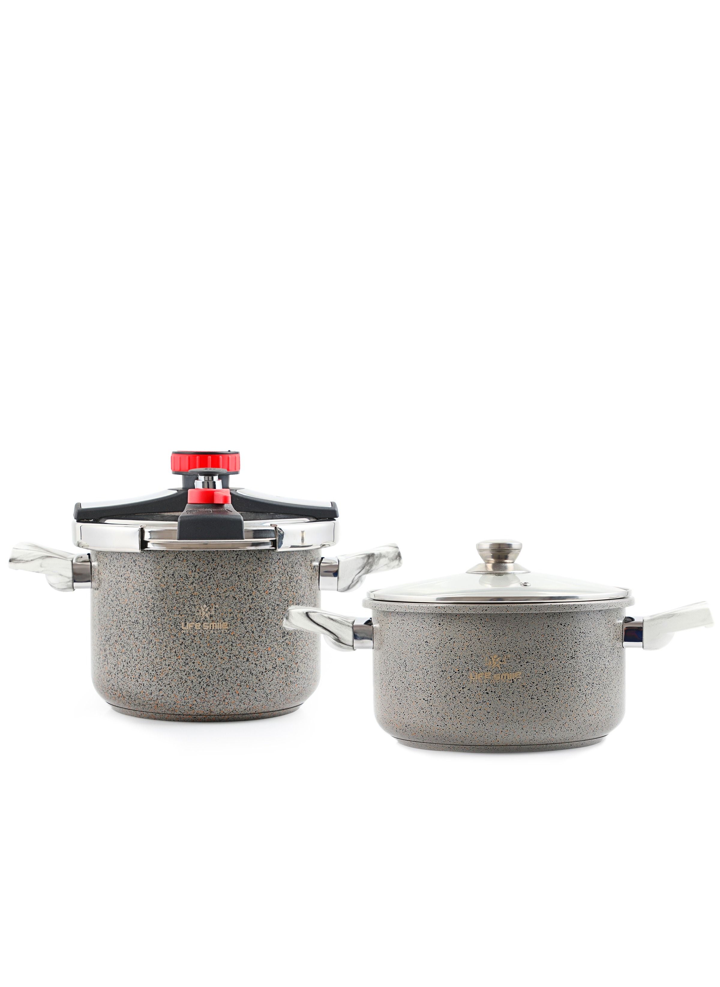 5+7Liters Indcution Granite Coated Pressure Cooker Set 7Liter + 5Liter Easy Open 18/10 Stainless Steel with Glass Lid and Extra Silicone - Suitable for all kinds of Stoves (For 10-12 People) Grey-5+7 