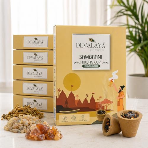 DEVALAYA Sambrani Havan Cups for Pooja (72 Cups, Pack of 6 Box), 100% Organic & Charcoal-Free, Infused with Orignal Guggal & Natural Loban, Hawan Samagri & Bhimseni Kapoor, No Artificial Scent - Image 1