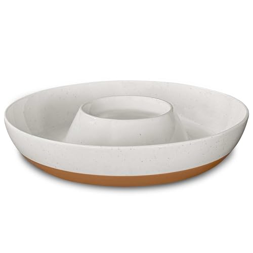 Mora Ceramic Chips and Dip Serving Tray: Large Divided Party Bowl Set for Chips & Salsa, Veggies & Dip, Fruit, Snacks, Entertaining, Hosting, etc. Minimalist Design for the Modern Hostess - White - Image 1