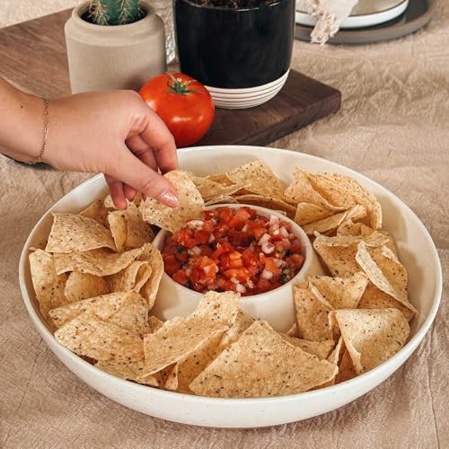 Mora Ceramic Chips and Dip Serving Tray: Large Divided Party Bowl Set for Chips & Salsa, Veggies & Dip, Fruit, Snacks, Entertaining, Hosting, etc. Minimalist Design for the Modern Hostess - White - Image 5
