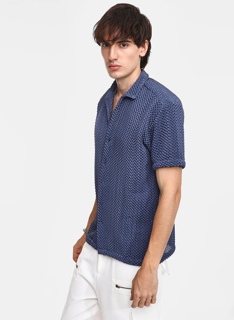 CAHOOT  Men's Lapis Blue Puffy-Textured Shirt For Casual Wear | Cuban Collar | Short Sleeve | Button Closure | Shirt Crafted With Comfort Fit For Everyday Wear for Men | Best Price UAE
