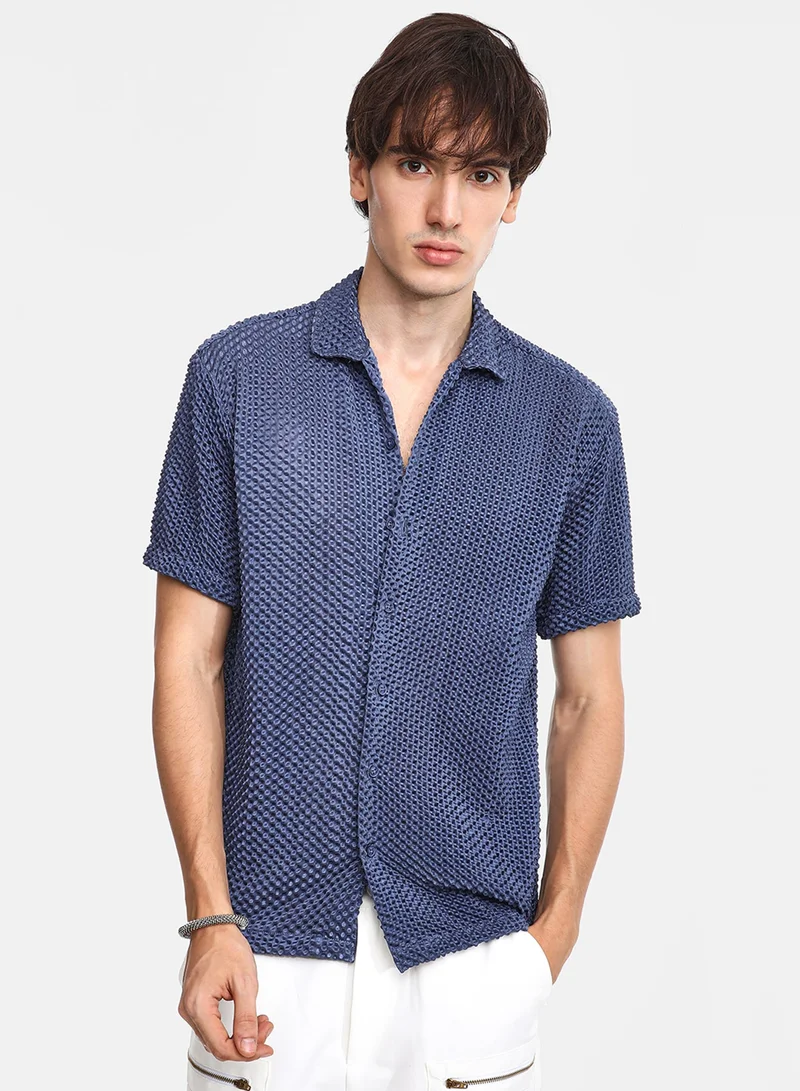 Men's Lapis Blue Puffy-Textured Shirt For Casual Wear | Cuban Collar | Short Sleeve | Button Closure | Shirt Crafted With Comfort Fit For Everyday Wear