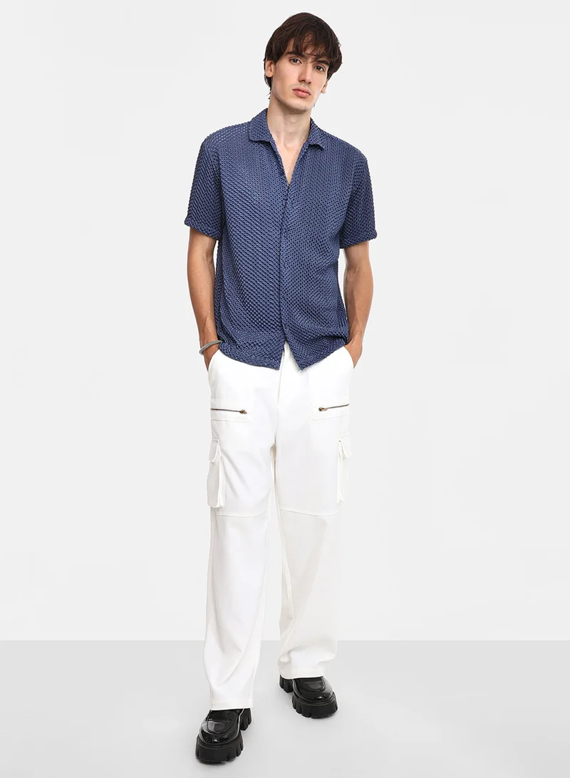 CAHOOT  Men's Lapis Blue Puffy-Textured Shirt For Casual Wear | Cuban Collar | Short Sleeve | Button Closure | Shirt Crafted With Comfort Fit For Everyday Wear for Men | Best Price UAE
