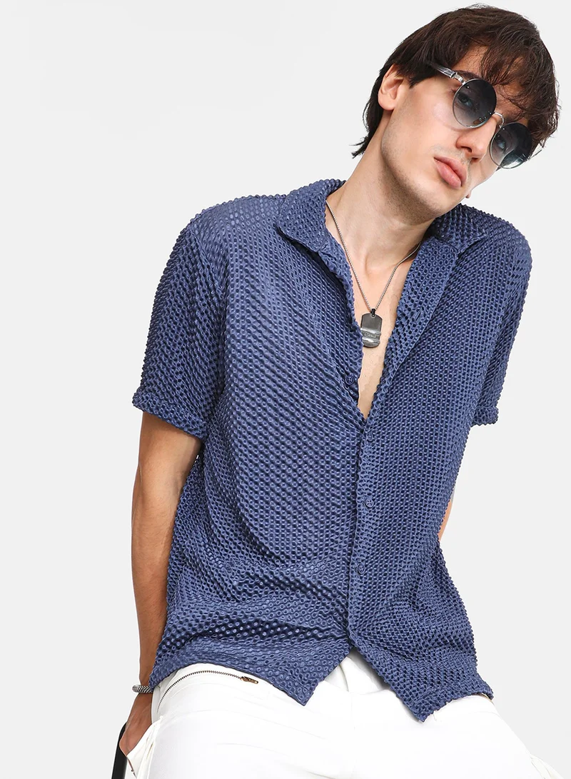 CAHOOT  Men's Lapis Blue Puffy-Textured Shirt For Casual Wear | Cuban Collar | Short Sleeve | Button Closure | Shirt Crafted With Comfort Fit For Everyday Wear for Men | Best Price UAE