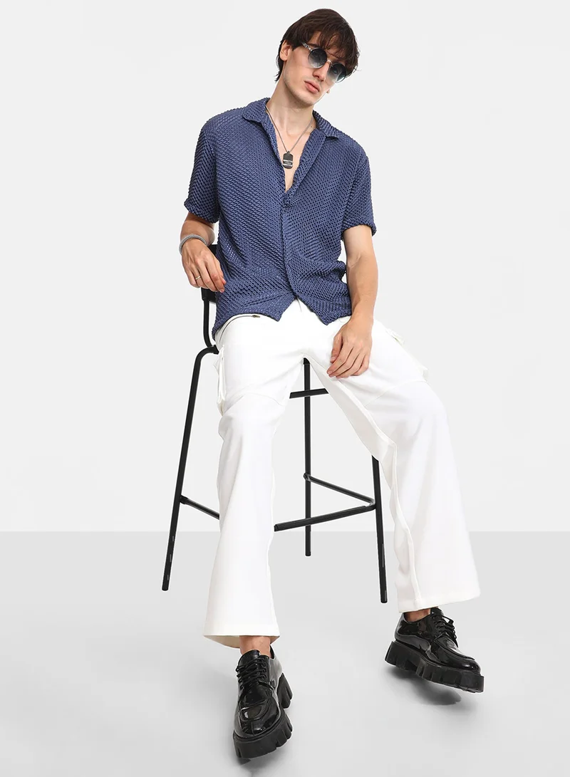 CAHOOT  Men's Lapis Blue Puffy-Textured Shirt For Casual Wear | Cuban Collar | Short Sleeve | Button Closure | Shirt Crafted With Comfort Fit For Everyday Wear for Men | Best Price UAE
