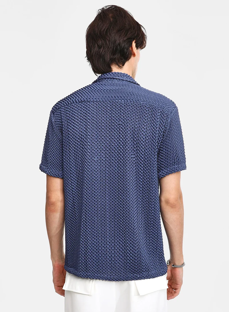 CAHOOT  Men's Lapis Blue Puffy-Textured Shirt For Casual Wear | Cuban Collar | Short Sleeve | Button Closure | Shirt Crafted With Comfort Fit For Everyday Wear for Men | Best Price UAE