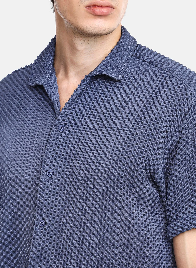 CAHOOT  Men's Lapis Blue Puffy-Textured Shirt For Casual Wear | Cuban Collar | Short Sleeve | Button Closure | Shirt Crafted With Comfort Fit For Everyday Wear for Men | Best Price UAE