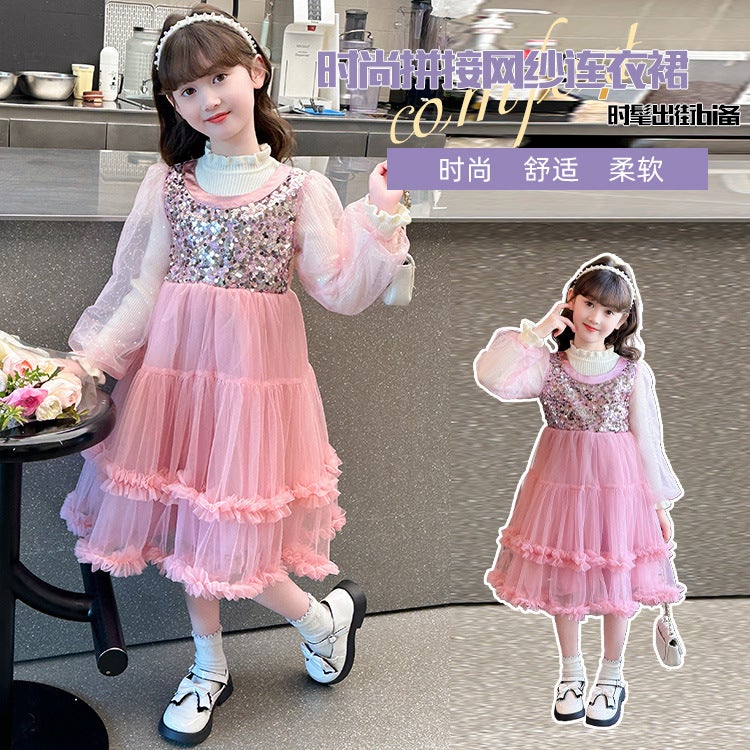 Xiyue Children'S Wear & 24019-Pink Sweetheart Sequins Sweater Princess Dress - Image 4