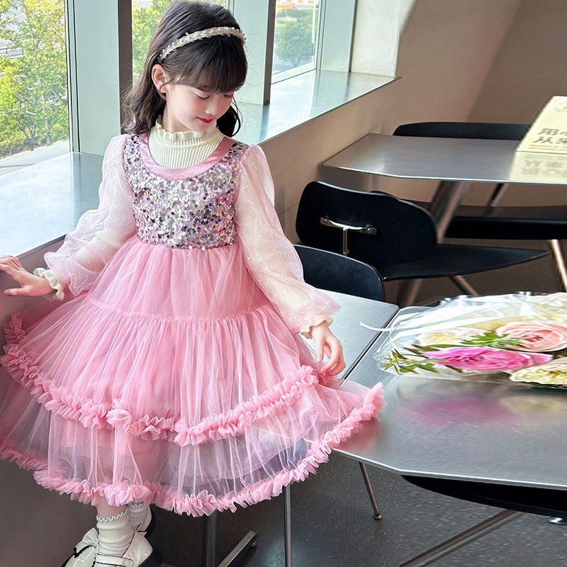 Xiyue Children'S Wear & 24019-Pink Sweetheart Sequins Sweater Princess Dress - Image 5