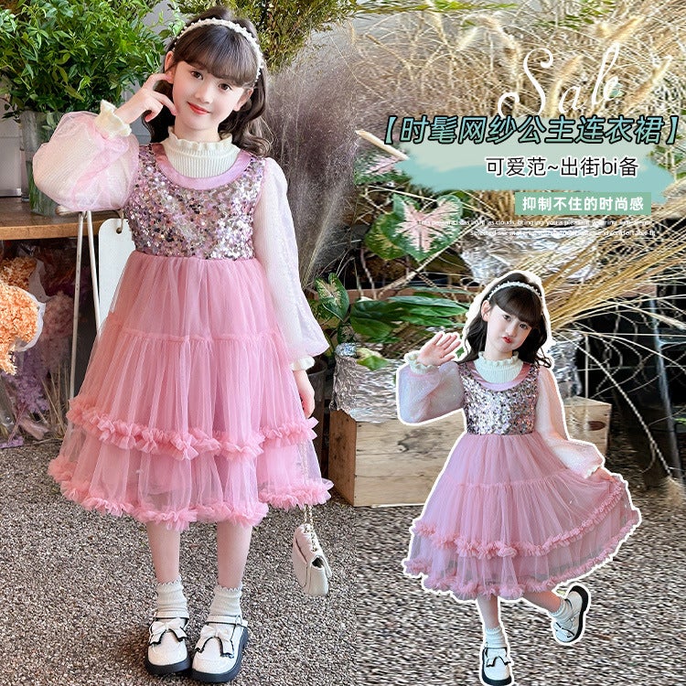 Xiyue Children'S Wear & 24019-Pink Sweetheart Sequins Sweater Princess Dress - Image 3