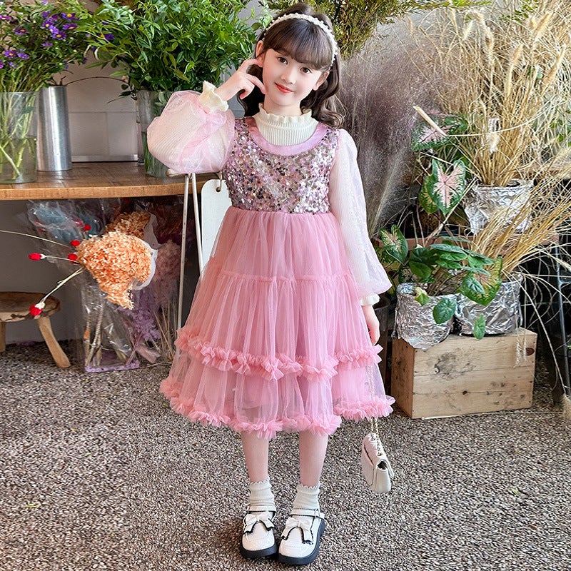 Xiyue Children'S Wear & 24019-Pink Sweetheart Sequins Sweater Princess Dress - Image 1