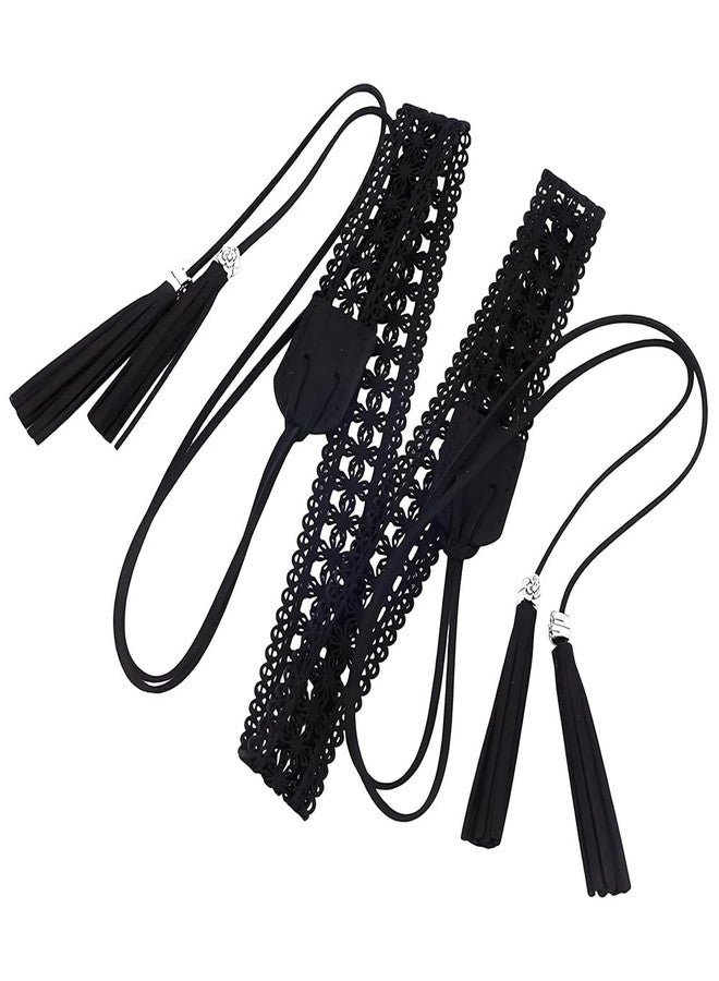 CALFOVERA 66.54 x 1.12 Inch Woven Tassel Belt for Women PU Leather Bohemian Hollow Knotted Waistband Vintage Boho Wax Rope Waistbands Western Ethnic Macrame Cowgirl Belt for Dress Skirt (Black) - Image 1