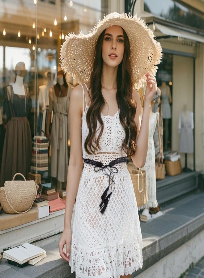 CALFOVERA 66.54 x 1.12 Inch Woven Tassel Belt for Women PU Leather Bohemian Hollow Knotted Waistband Vintage Boho Wax Rope Waistbands Western Ethnic Macrame Cowgirl Belt for Dress Skirt (Black) - Image 5