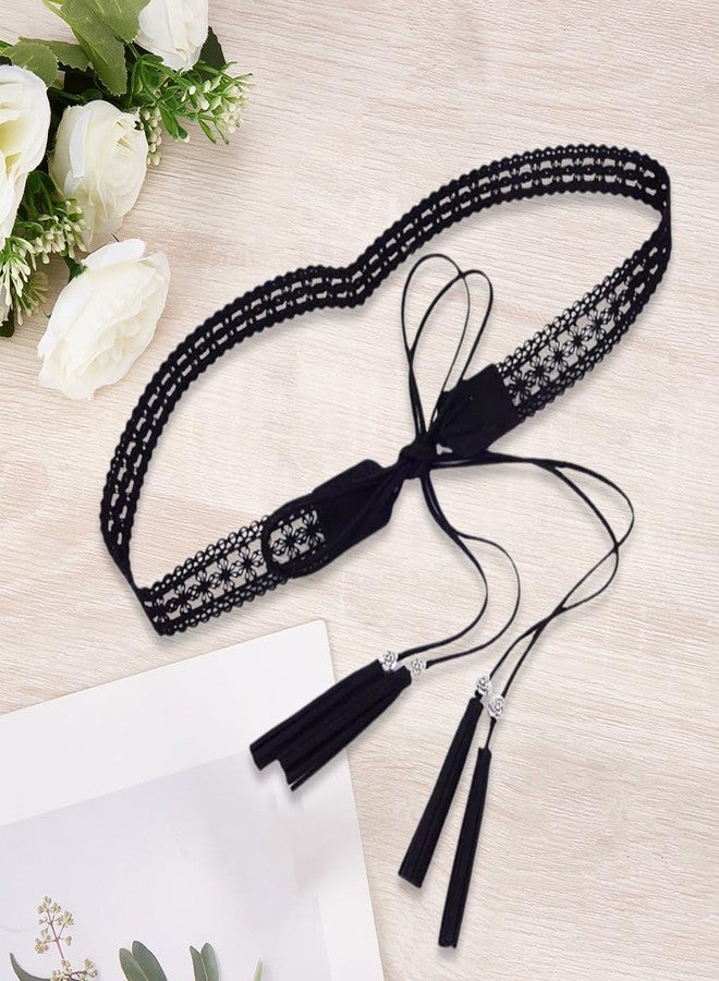 CALFOVERA 66.54 x 1.12 Inch Woven Tassel Belt for Women PU Leather Bohemian Hollow Knotted Waistband Vintage Boho Wax Rope Waistbands Western Ethnic Macrame Cowgirl Belt for Dress Skirt (Black) - Image 3