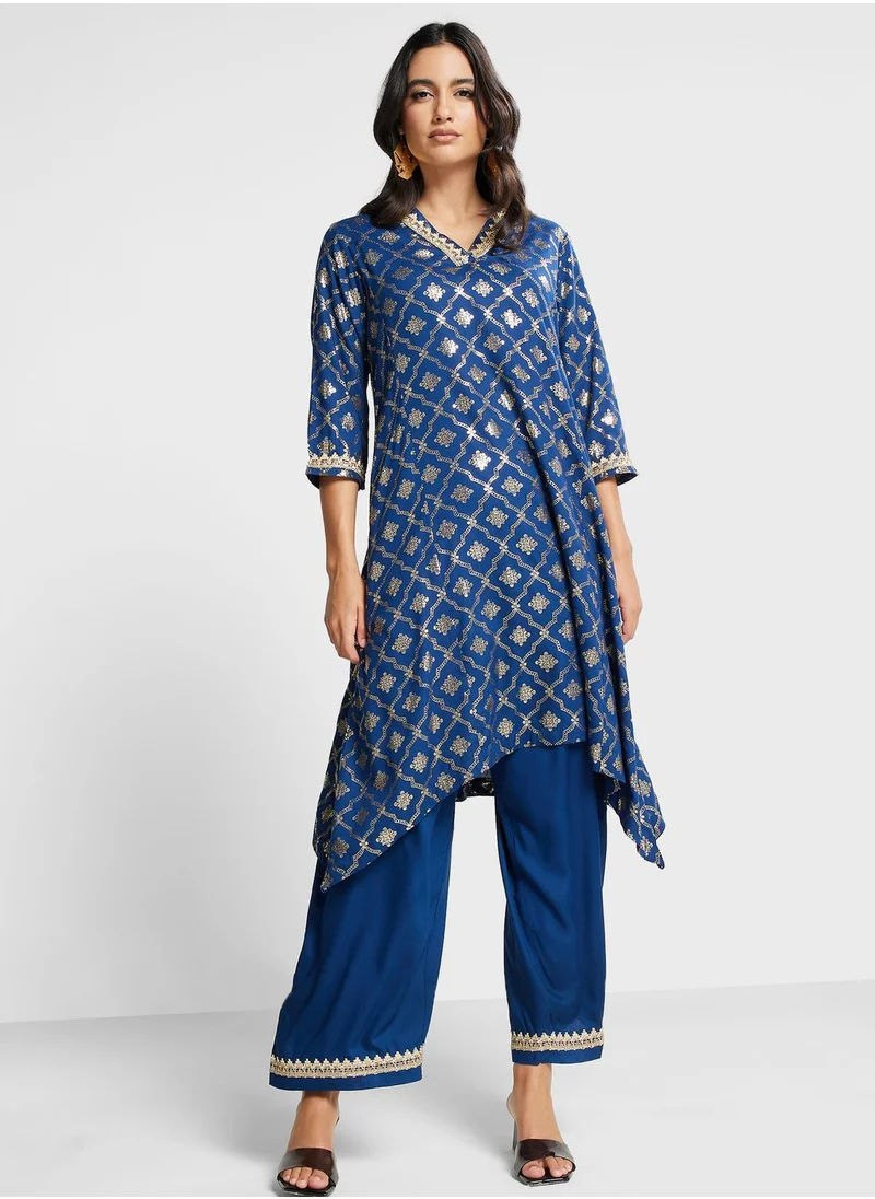 Biba V-Neck Printed Kurti & Pants Set