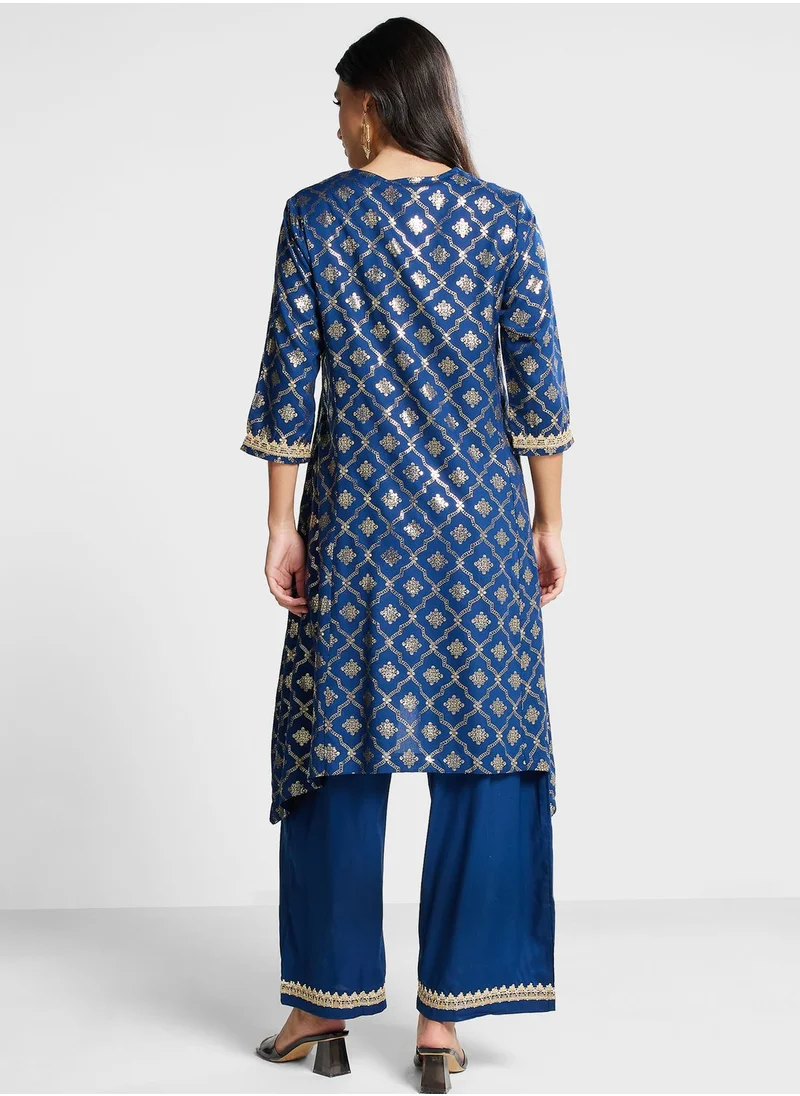 Biba V-Neck Printed Kurti & Pants Set