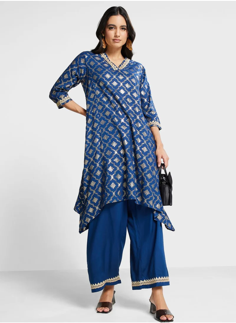Biba V-Neck Printed Kurti & Pants Set
