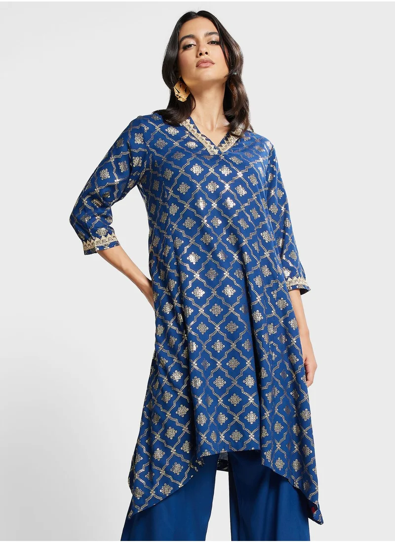 Biba V-Neck Printed Kurti & Pants Set